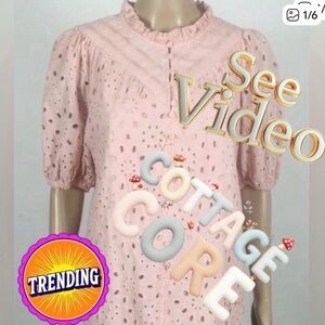 👛(ANY 2/$20) PRETTY GARDEN Pink Puffy Sleeve Blouse With Cutouts Overlay